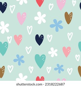 diseño sin costuras lindo con corazones y flores sobre fondo verde.ilustración vectorial valentina