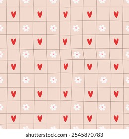 Cute seamless pattern with hearts and flowers. Vector Pastel background. Valentines day and love