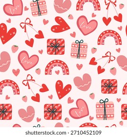 A cute seamless pattern with hearts, gifts, rainbows, and strawberries. A pink background with a love theme for Valentine's Day, weddings, or romantic designs. Vector.