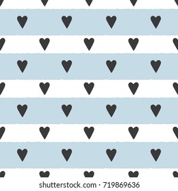 Cute seamless pattern with hearts and horizontal lines. Template for design of postcards, covers, children's clothes, bed linen. Black, blue, white colour. Vector illustration.