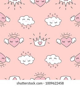 Cute seamless pattern with hearts and love doodles