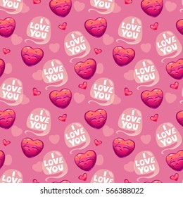 Cute seamless pattern with hearts and i love you slogan on pink background. Vector romantic texture.