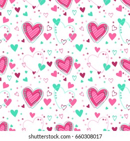 Cute seamless pattern with hearts on white background. Pretty girlish vector texture.