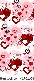 Cute seamless pattern. Hearts overlapping in red, white, pink, and black.