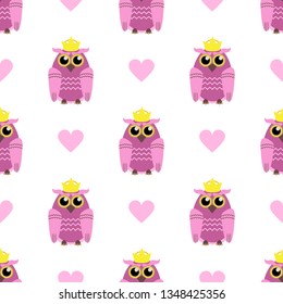 Cute seamless pattern with hearts and owls with crowns. Girly vector illustration.