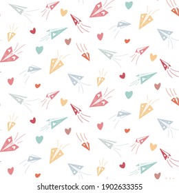Cute Seamless pattern of hearts and paper airplanes. Doodle vector illustration. Creative texture design. Perfect for fabric, textile, wrapping for kids. Valentine's day pattern.