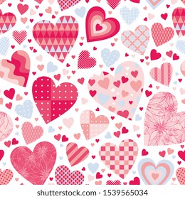 Cute seamless pattern with hearts in pink and light blue colors on white background. Patchwork design. Beautiful print for valentines day.