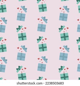 Nahtloses Muster mit Herz und Geschenkbox. Valentinstag-Muster. Vektorgrafik für Karten, Poster, Flyer, Netze.
