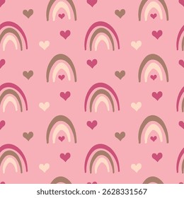 Cute seamless pattern with hearts and rainbows in pastel pink and beige tones. Can be used for children's textiles and for Valentine's Day. Vector