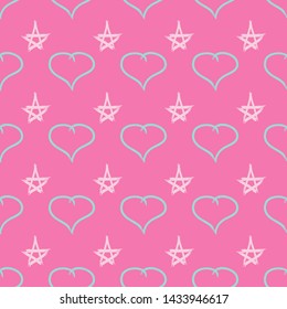 Cute seamless pattern with hearts and stars drawn by rough brush. Sketch, graffiti, paint.