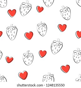 Cute seamless pattern with hearts and strawberries. Vector Illustration.