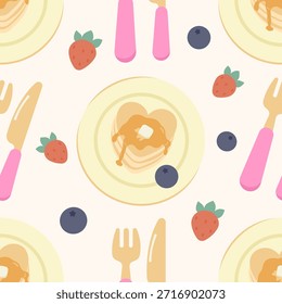 Cute seamless pattern of heart-shaped pancakes with syrup and butter. Vector flat design breakfast background for Valentine's Day morning menus, romantic brunch themes, and cafe textures.