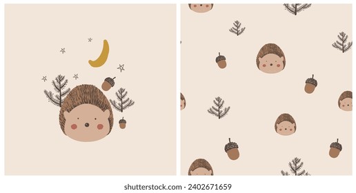 Cute seamless pattern with hedgehog, acorns and trees. Hand drawn vector illustration