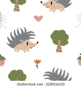 Cute seamless pattern with hedgehog, cones and trees. Hand drawn vector illustration isolated on white background.