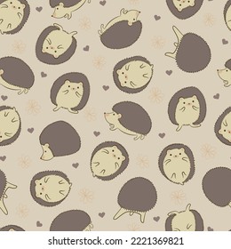 Cute seamless pattern with hedgehog, flowers and hearts. Hand drawn vector illustration.  Simple childish forest animals fabric print background.