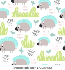 Cute seamless pattern with hedgehog and leaves on white background.