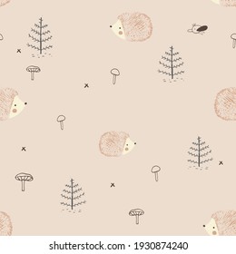 Cute seamless pattern with hedgehog, mushrooms and trees. Hand drawn vector illustration.