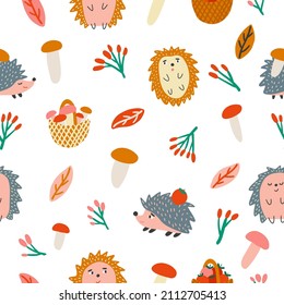 Cute seamless pattern with hedgehog, mushrooms and field flowers. Hand drawn vector illustration. Creative contemporary texture for fabric, wrapping, textile, wallpaper, apparel, cover, interior decor