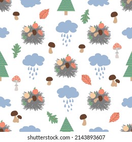 Cute seamless pattern with hedgehog, mushrooms and trees. Hand drawn.