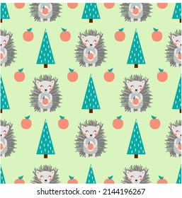 Cute seamless pattern with hedgehog, mushrooms and trees. Hand drawn.