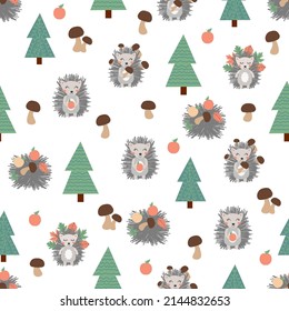 Cute seamless pattern with hedgehog, mushrooms and trees. Hand drawn.