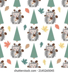 Cute seamless pattern with hedgehog, mushrooms and trees. Hand drawn.