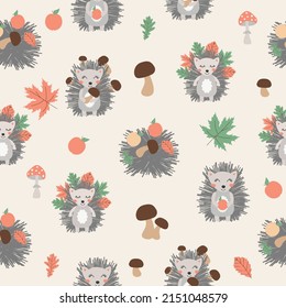 Cute seamless pattern with hedgehog, mushrooms and trees. Hand drawn.