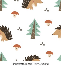 Cute seamless pattern with hedgehog, mushrooms and Christmas trees. Hand drawn vector illustration for your design.