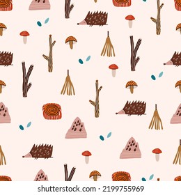 Patrón perfecto con erizo, hongos y ramas. Ilustración vectorial dibujada a mano. Perfecto para papel tapiz, papel de regalo, rellenos de patrones, fondo de página web, tarjetas de felicitación de otoño.