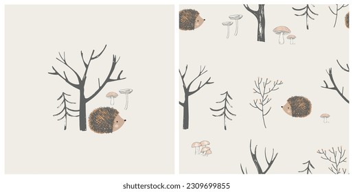 Cute seamless pattern with hedgehog, mushrooms and trees. Hand drawn vector illustration.