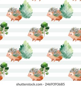 Cute seamless pattern with hedgehog and trees. Forest wildlife backgrounds. Watercolor woodland