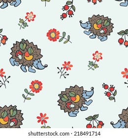 Cute seamless pattern. Hedgehog,flowers,berries.Baby ornament,background,backdrop,fabric. Vector