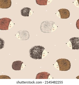 Cute seamless pattern with hedgehogs. Hand drawn vector illustration.