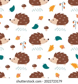 Nahtlose Muster mit Hedgehogs, Blättern, Pilzen, Beeren und Eicheln. Herbstkinderhintergrund im Cartoon-Stil zum Bedrucken von Kleidung, Stoff, Schreibwaren und Verpackungspapier