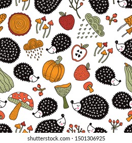 Cute seamless pattern with hedgehogs, mushrooms and berries. Autumn mood.