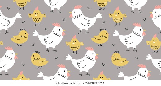 Cute seamless pattern with cute hen and chicks