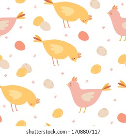Cute seamless pattern with hens and eggs. pastel colors. gentle birds