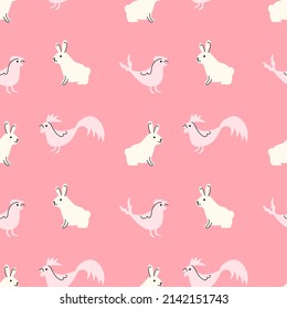 Patrón perfecto con gallinas y conejos. Textura vectorial de Pascua, fondo rosado.