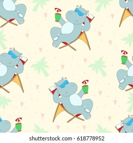 Cute seamless pattern with hippo in the Seashore, vector illustration. Printable template.