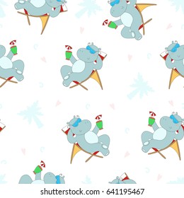 Cute seamless pattern with hippo in the Seashore, vector illustration. Printable template