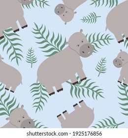 Cute seamless pattern with hippos.Vector illustration in cartoon style.