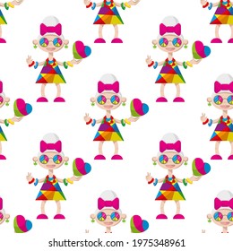 Cute seamless pattern with hippy granny. White background. Flat style illustration.