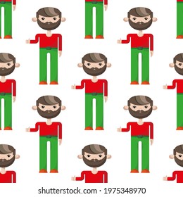 Cute seamless pattern with hipster men with beards and thumbs up. White background. Flat style illustration.