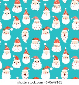 Cute seamless pattern with hipster Santa heads on blue background for Christmas and New Year designs and packaging