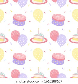 Cute seamless pattern, holiday cake, balloons, gift. Happy Birthday. Print for packaging, fabric, wallpaper, textile on a white background.