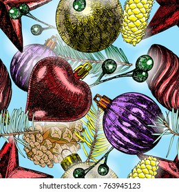 Cute seamless pattern with holiday elements on blue background for Merry Christmas and Happy New Year decoration. Vector.