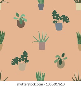 Cute seamless pattern with home plants in pots. Tropical different houseplants. Monstera, aloe, succulent. Pastel colors vector illustration. Modern hand drawing cartoon flat style on pink background