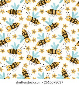 Cute seamless pattern of honey bee for children's textiles. Cartoon bumblebee with flower on light background, vector illustration for kids