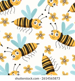 Cute seamless pattern of honey bee for children's textiles. Cartoon bumblebee with flower on light background, vector illustration for kids