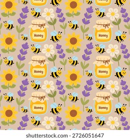 Cute seamless pattern with honey jars, bees and spring flowers in pastel colors. Playful repeating background for textile, packaging, wrapping paper and kids design.